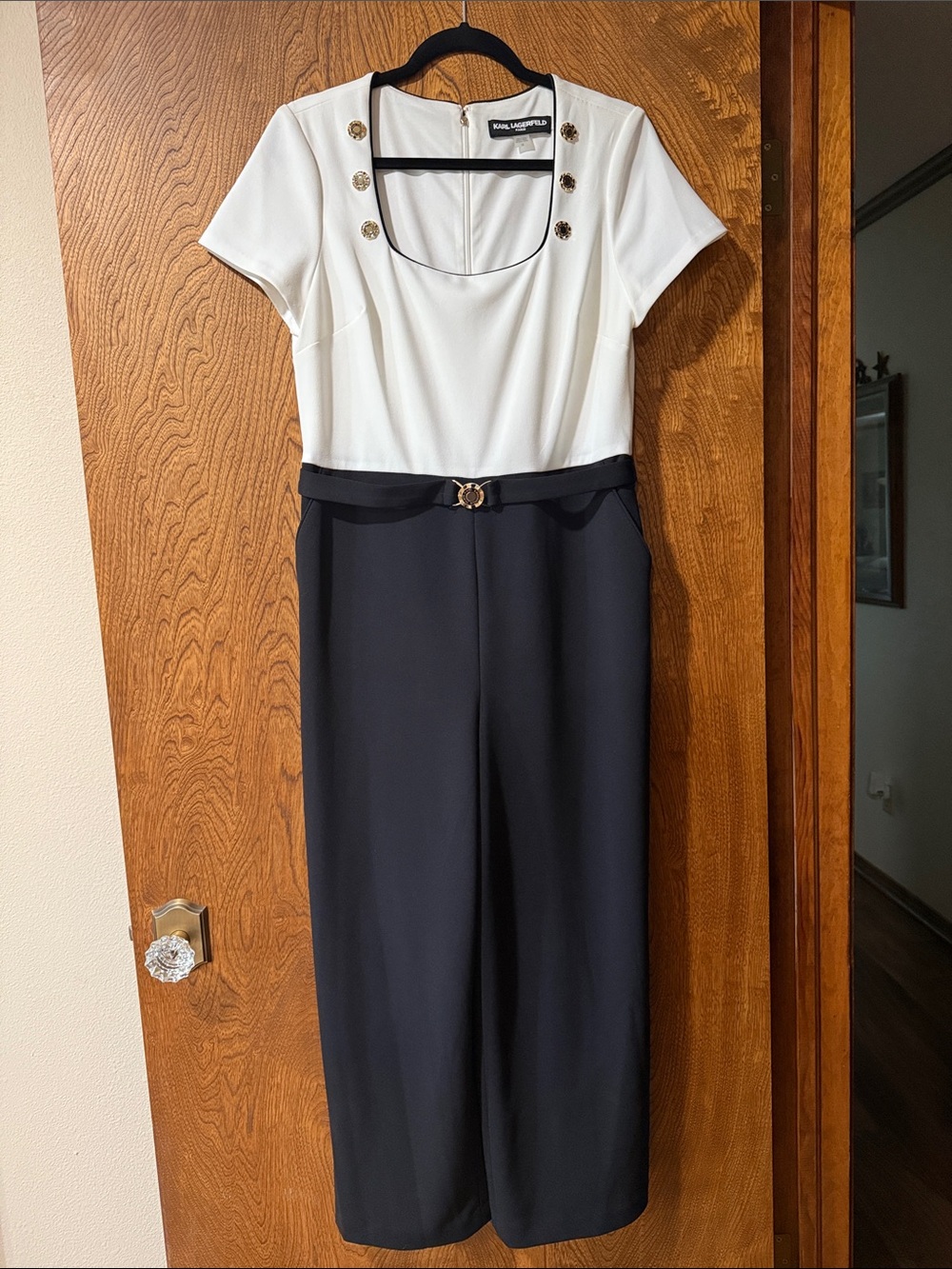 Karl Lagerfeld White and Black ankle length Jumpsuit with Gold Buttons
